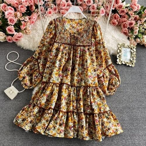 Summer Women Forest Series Floral Dress V-Neck Patchwork Folds Diawstring High Waist Casual Loose Unique Retro New Fashion Sweet