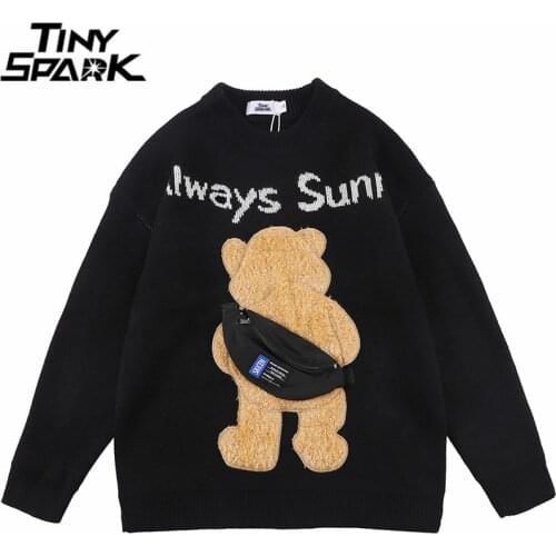 2021 Men Hip Hop Knitted Sweater Streetwear Furry Bear Letter Pocket Pullover Harajuku Cotton Casual Sweater Autumn Pullover