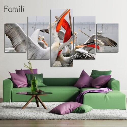 5 Piece Modern Still Life Wall Art Painting Group Of Goose Stand On Snow Print On Canvas The Picture Animal