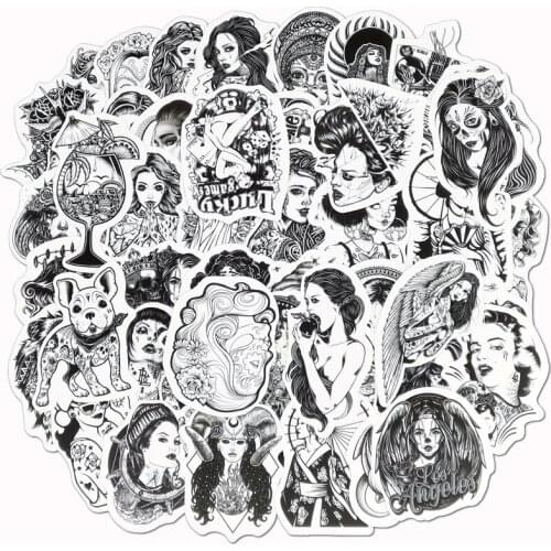 50PCS Pack Black and White Tattoo Girl Stickers Vinyl PVC Waterproof Fashionable Styling Sexy beauty Laptop Guitar Decal Sticker