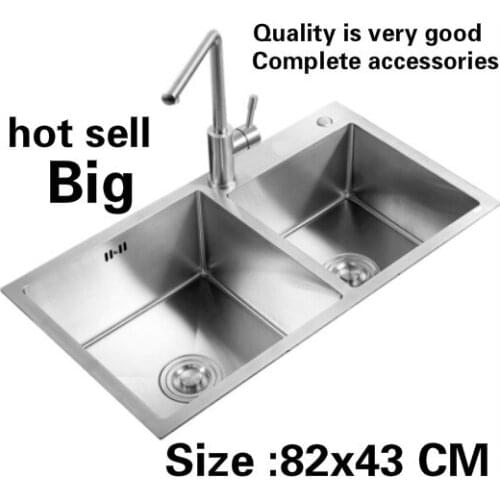 Free shipping Apartment high quality big kitchen manual sink double groove standard 304 stainless steel hot sell 82x43 CM
