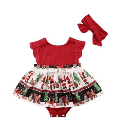XMAS Newborn Baby Girls Christmas Santa Lace Party One Piece Romper Dress Size 0-24M