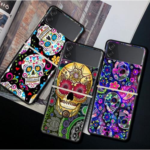 For Samsung Galaxy Z Flip 3 5G Case Luxury Matte Black Hard Phone Cover ZFlip 3 Shockproof Fundas Shell Cool Flower Skull Art