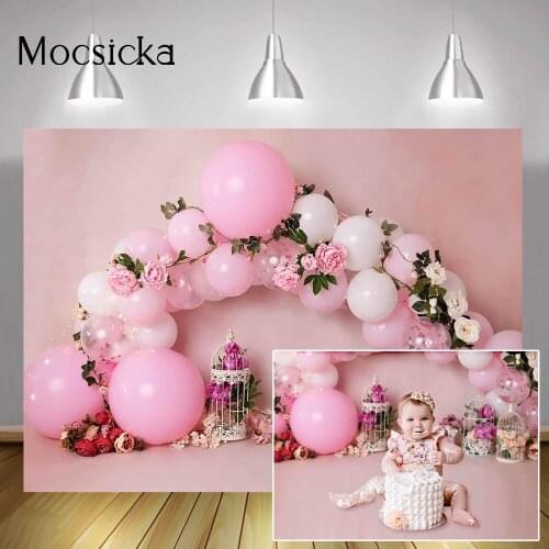 Pink Flowers Sweet Children Birthday Cake Smash Backdrop Spring Floral Balloons Wall Newborn Kids Portrait Background Photoshoot