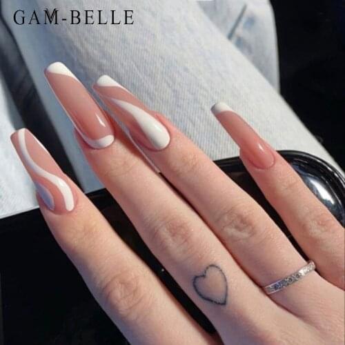 GAM-BELLE White Striped Pattern French False Nails Extra Long Ballerina Full Cover Pink Artificial Press On Nails Decoration