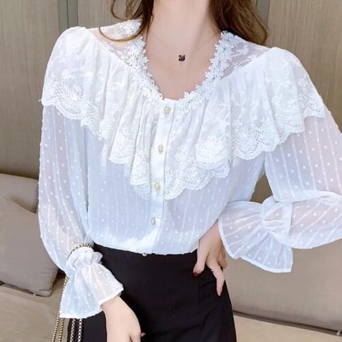 Harajuku shirt Long Sleeve Ruffle button up shirt V-neck 2021 Spring New Chiffon shirt Loose Lace Stitching Blouses shirt 661F