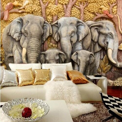 Personality relief mural wallpaper 3D retro bar room TV backdrop of elephant Custom sizes