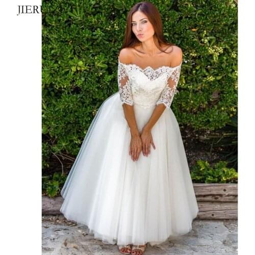 JIERUIZE White Lace Appliques Tea Length Wedding Dresses Lace Up Back Off the shoulder Half Sleeves Bride Dresses wedding gowns