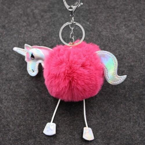 Cute Fluffy Fur Unicorn Keychain On the Bags Trinket Rabbit Fur Ball Pom Pom Horse Key Chains Women Bag Charms Car Key Ring Gift