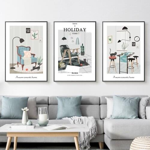 Cartoon Prints Modular Poster Picture Wall Art Canvas Painting black cat sofa chair awarm romantic home Nordic Style Home Decor