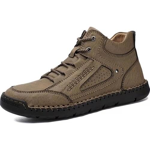 2021 Leather Men Boots Casual Lace-up Flat Man High-top Shoes Winter Outdoor Warm Lining Vintage Street Shoes Big Size 38-48