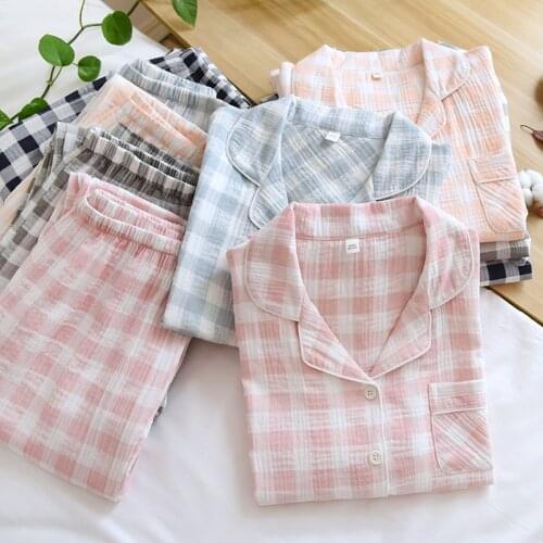 Couple Plaid Pajamas Crepe Cotton Sleepwear Women 2021 New Spring Long Sleeve Home Suit Female Loungewear Men Plus Size Homewear