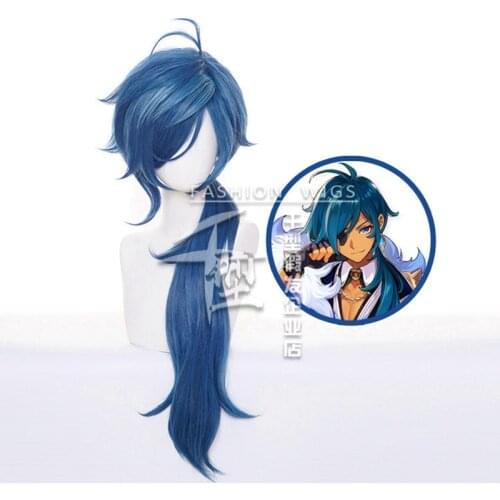 Genshin Impact Kaeya Cosplay Men 80cm Long Ink-blue Wig Cosplay Costume Heat Resistant Synthetic Hair Peluca Anime Wigs