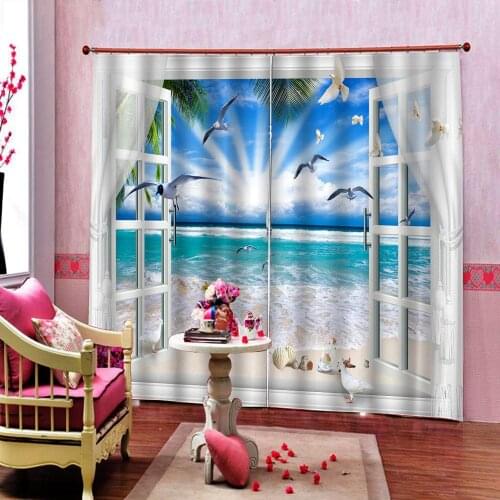 Custom Seagull Seaside scenery 3D photo Blackout Curtains For Living room Bedding room Home Decor Drapes (left and right Side)