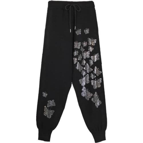 High waist butterfly hot diamond black knitted pants women loose ankle length harem trousers