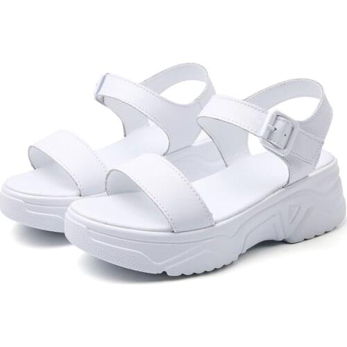 Leather Chunky Platform Womens Sandals Buckle Strap Simple Pink Summer Women Shoes White Mid Heel High 5.5 cm Ladies Sandals