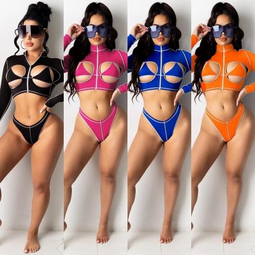 Sexy Zip Hollow Out Two Piece Thong Set Turn Down Collar Long Sleeve Hole Crop Top High Waist Thong Swimsuit Beach Club Outfits