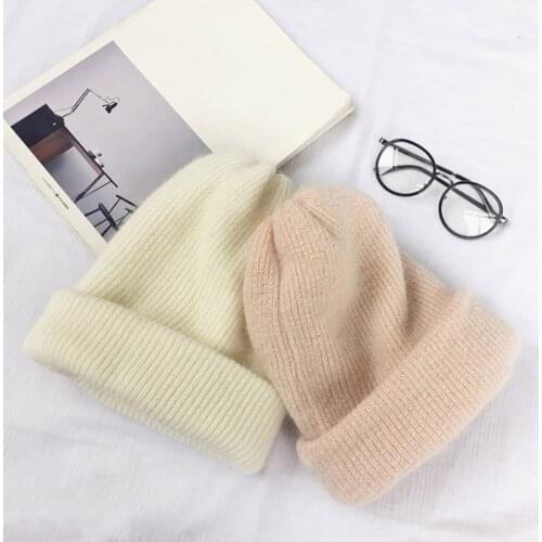 Women Rabbit Hair Slouchy Skullies Beanies Winter Soft Warm Ear Hats Fashion Female Rabbit Solid Color Caps Cover Head Hats