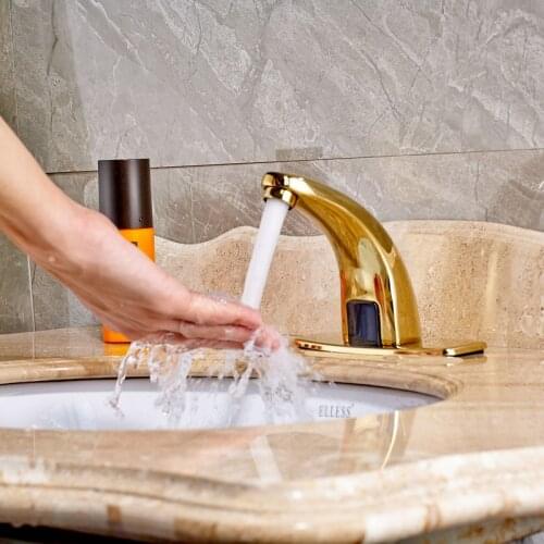 New Types Gold Finish Deck Mounted Sensor Bathroom Basin Faucet Hot And Cold Water Mixer Tap With 6"Cover