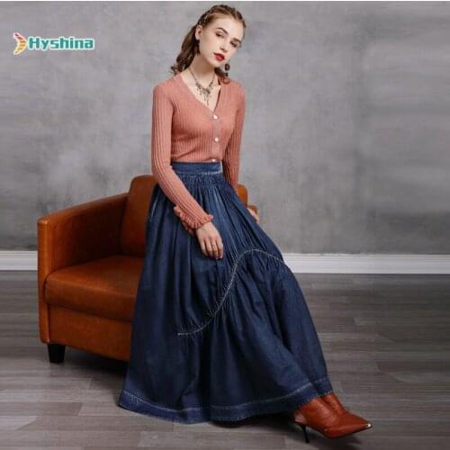 Womens new splicing denim skirt retro versatile cake long skirt half skirt