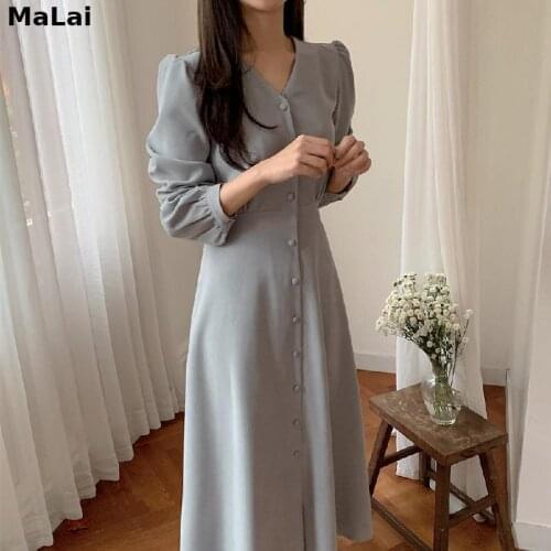Korea Women Dress Fashion 2021 Spring Chic Japan Style V Neck Single Breasted Button Elegant Long Vestidos One Piece Shirt Dress