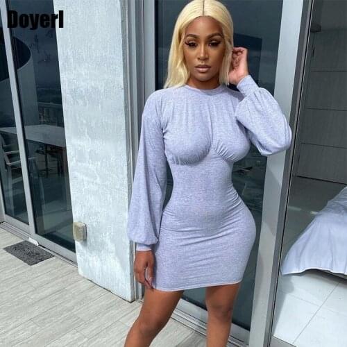 Woman Dress Autumn Solid Slim Mini Club Short Party Dresses for Women 2021 Lantern Long Sleeve Casual Bodycon Dress Streetwear