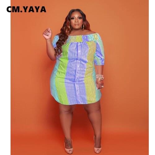 CM.YAYA Women Plus Size Dress Colorful Off Shoulder Slash Neck Short Sleeve Button Straight Loose Dresses Fashion Outfit Summer