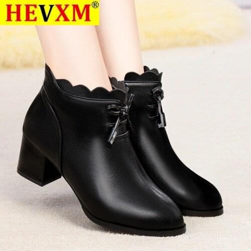 HEVXM 2020 Winter Shoes Warm Plush Ankle Boots Mid Heels Dress Shoes Black Booties Bow Snow Shoes Botas Mujer Plus Size 43