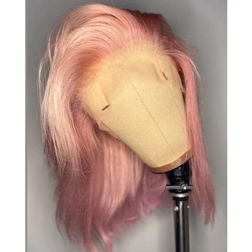 14 Inch Short Cut Bob Pink Color Lace Front Wig For Fashion Women Human Remy Hair Babyhair Preplucked Brazilian Can Dye Permed
