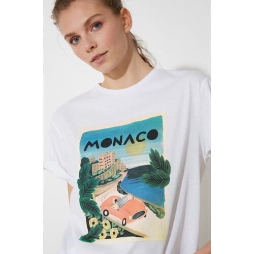 White Printed Boyfriend Knitted T-Shirt 2021 New Season Summer Loose Casual Tops Womens Graphic Cotton Female Tee