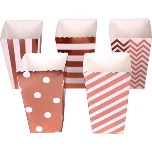6/12pcs Rose Gold Dot Wave Striped Paper Popcorn Box Candy/ Sanck Favor Bag Xmas Wedding Kid Birthday Party Decoration