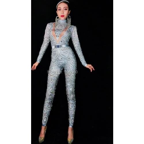 Black Gray Rhinestones Pearls Long Sleeves Dress Sexy Spandex Women Singer Outfit Birthday Celebrate Evening Dress