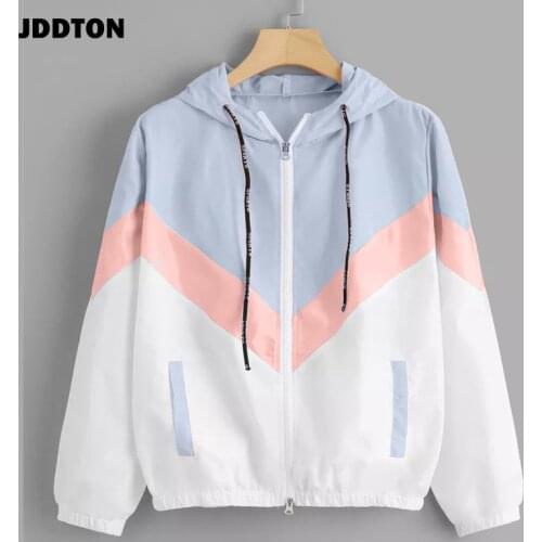 JDDTON Womens Hooded Jacket Patchwork Color Block Windbreaker Spring Autumn Multicolor Coat Female Casual Outwear EU Size JE270