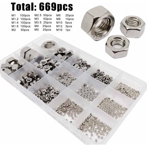 669pcs M1 M1.2 M1.4 M1.6 M2 M2.5 M3 M3.5 M4 M5 M6 M8 M10 M12M16 304 A2 Stainless Steel DIN934 Hex Hexagon Nut Set Assortment Kit
