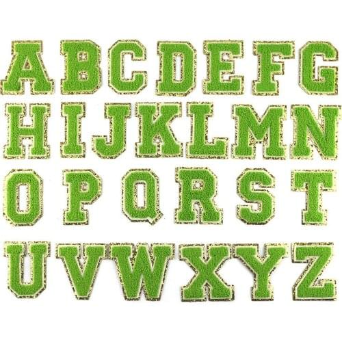 Green Color Chenille Gritt Letter Patches Towel Embroidery English Letter Sewing Sticker Child Women Clothing Name DIY Accessory