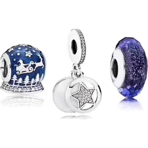 NEW 100% 925 Sterling Silver Winter Christmas Charm Late Night Blue Glass Beads Star Charm Set Noble Eternal Charming Luxury
