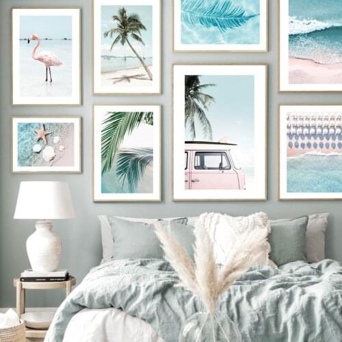 Beach Waves Starfish Flamingo Palm Leaf Shadow Van Nordic Poster Wall Art Print Canvas Painting Decor Pictures For Living Room