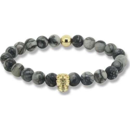 Natural Spider Web Stone Beads with Bronze Gold and Silver Charm Skull Bracelets Bracciali Pulseras Men Jewelry