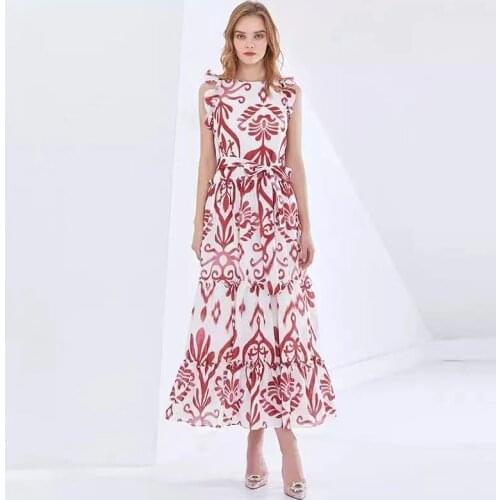 IVY HE Patchwork Ruffle Womens Dress O Neck Sleeveless High Waist Print Maxi Dresses Female Fashion New Clothing 2021 New Traf