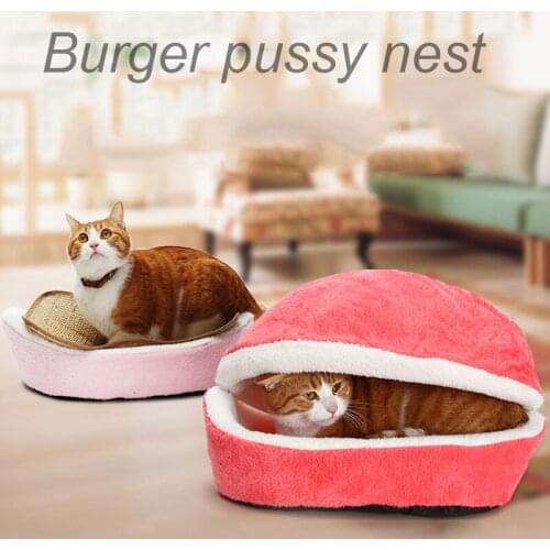 Removable Cat Sleeping Bag Sofas Mat Hamburger Dog House Short Plush Small Pet Bed Warm Puppy Kennel Nest Cushion Pet Products