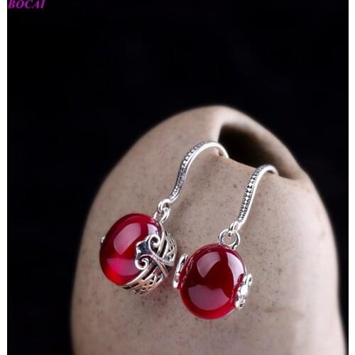 BOCAI s925 sterling silver ear drop jewelry classic red corundum green chalcedony earrings 2020 fashion womens silver earrings