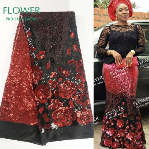Red Flower Sequined Embroidered Mesh Net Lace Fabrics Guinea African Wedding Bride And Bridegroom Dress Sewing Sequins Fabrics