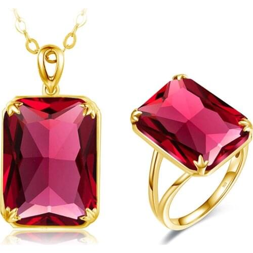 Szjinao 14K Gold Jewelry Set For Women Sparkling Red Ruby Pendant Ring Sets Rectangle Real 925 sterling Siver Fine Jewelry Gifts