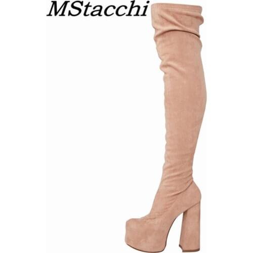 Elastic Fabric Women Over The Knee Boots Ladies High Platform Shoes Solid Color Suede Zipper Side Crude Heel Long Botas Mujer