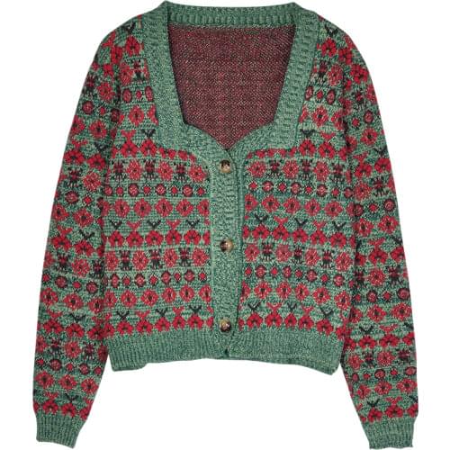 Women Vintage Square Collar Contrast Color Flower Pattern Knitting Sweater Female Long Sleeve Chic Cardigans Coat Tops