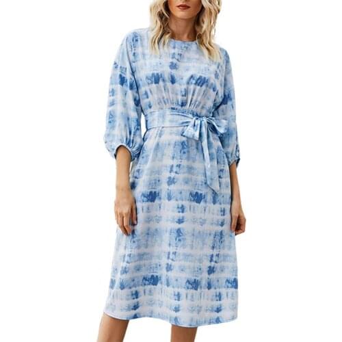 2021 Women Tie-Dye Print Dress Mid-Sleeve O-Neck High Waist Midi With Belt Soft Dress Party Club Holiday Vestidos