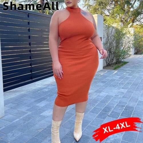 Plus Size Sexy Halter Rib Knitted Dresses 4XL Women Summer Hollow Out Sleeveless Bodycon Party Dress Street Bandage Club Outfits