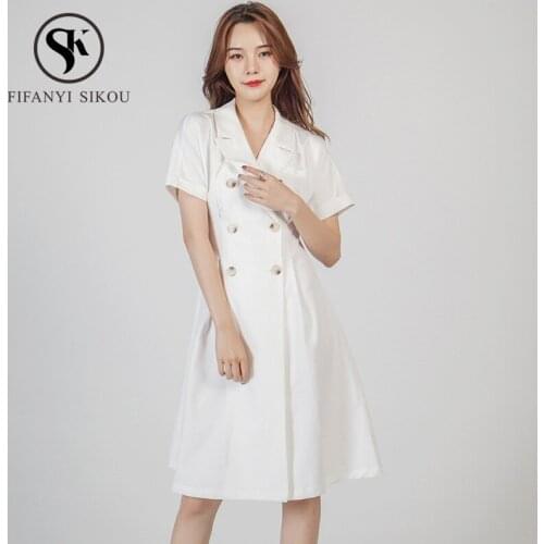 Vintage Dress women Designer 2019 Summer Fashion Double Breasted Turn-down Collar Short sleeve Dress Lady Casual Elegant Dresses