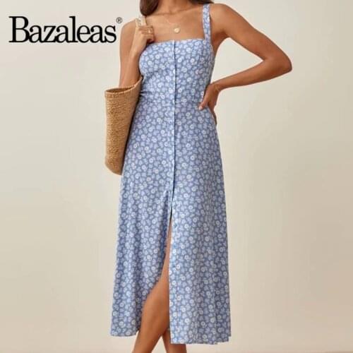 Bazaleas Retro Sleeveless Center Buttons Women Dress Elegant Blue Floral Print Vestidos Vintage Tank Split Dresses