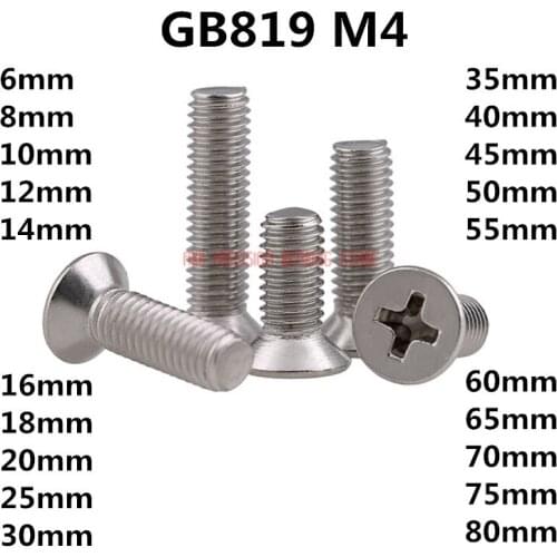 100pcs GB819 M4 304 Stainless Steel Metric Thread flat head cross Countersunk head screw m4*(6/8/10/12/14/16/18/20/25~80) mm